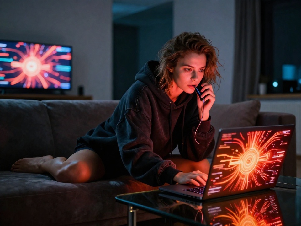 Девушка в худи за ноутбуком изучает стейкинг энергии TRON для оптимизации транзакций USDT