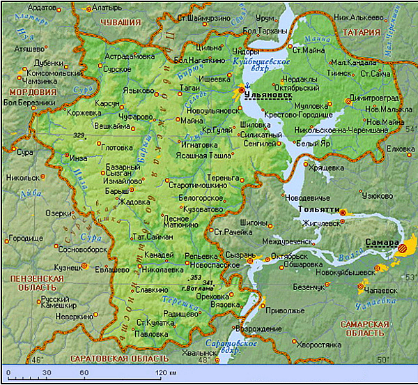 Ульяновська область розташована на сході Російської рівнини в Середньому Поволжі