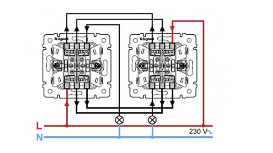 Схема підключення прохідного одноклавішного вимикача Легранд